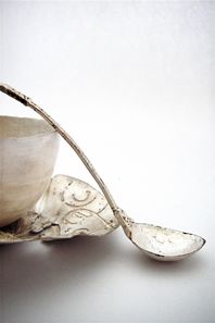 silver spoon, bowl and saucer