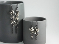 Tiny Pod Cascade Earrings, oxidised silver and white pearls