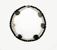 Faceted onyx, oxidized silver, gold-leaf, white freshwater pearls