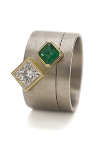 Diamond and Emerald Engagement and wedding rings